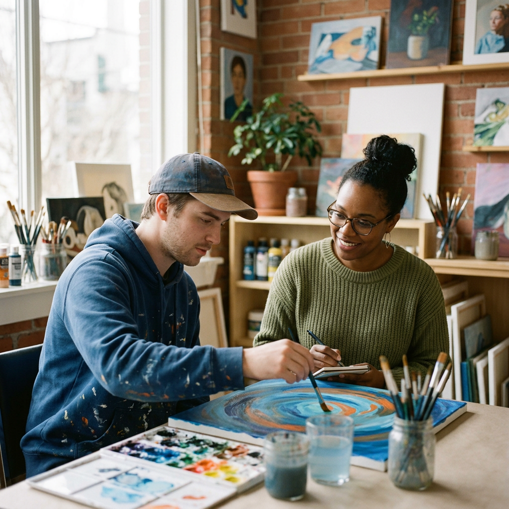 Two artists working together on a colorful abstract painting in an art studio